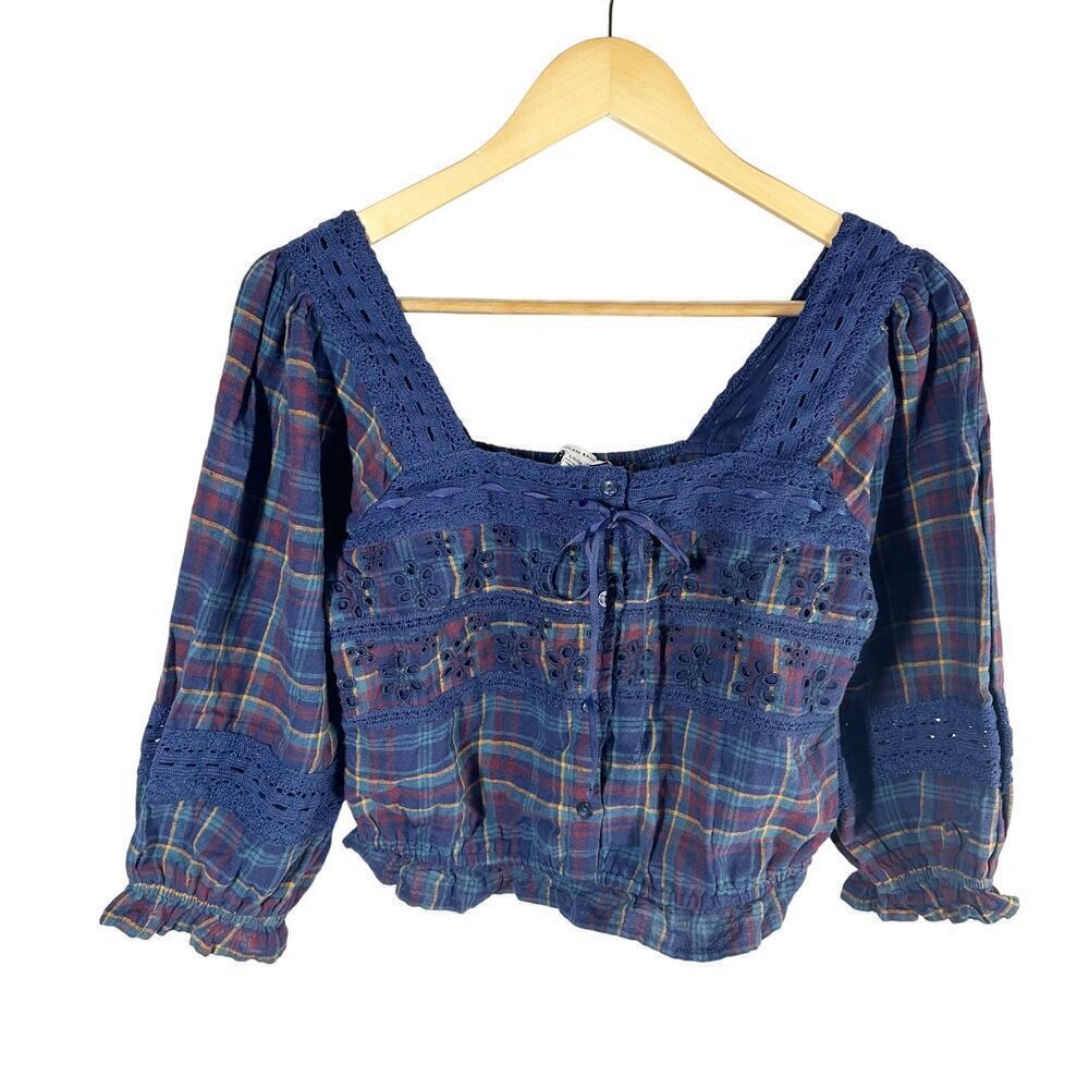 American Eagle Lace Cottagecore Plaid Eyelet Puff-Sleeve Blouse Size Small